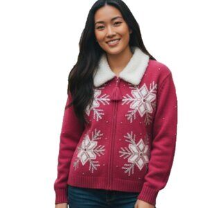 Christopher Radko Women Christmas Sweater Size M Pink Beaded Snowflake Cardigan